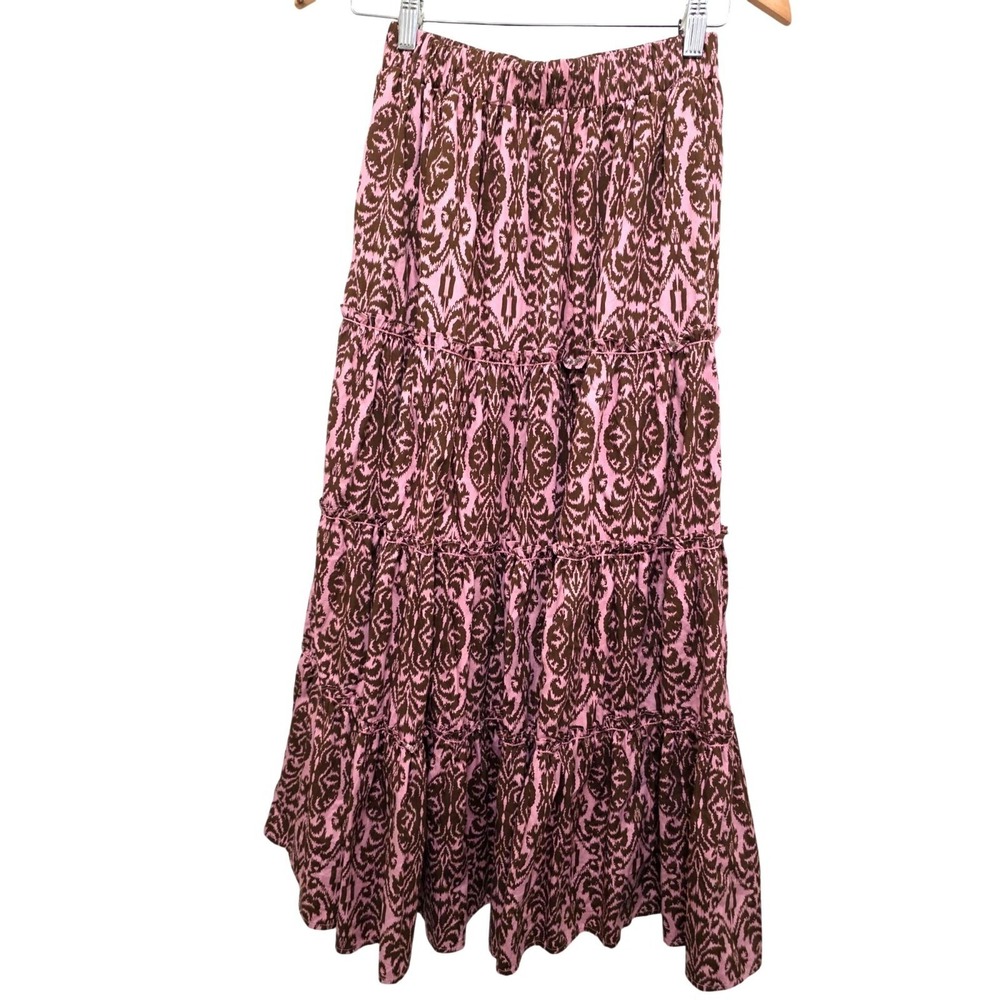 Revolve O.P.T. Pink & Brown Tiered Maxi Skirt With Elastic Waistband Size S